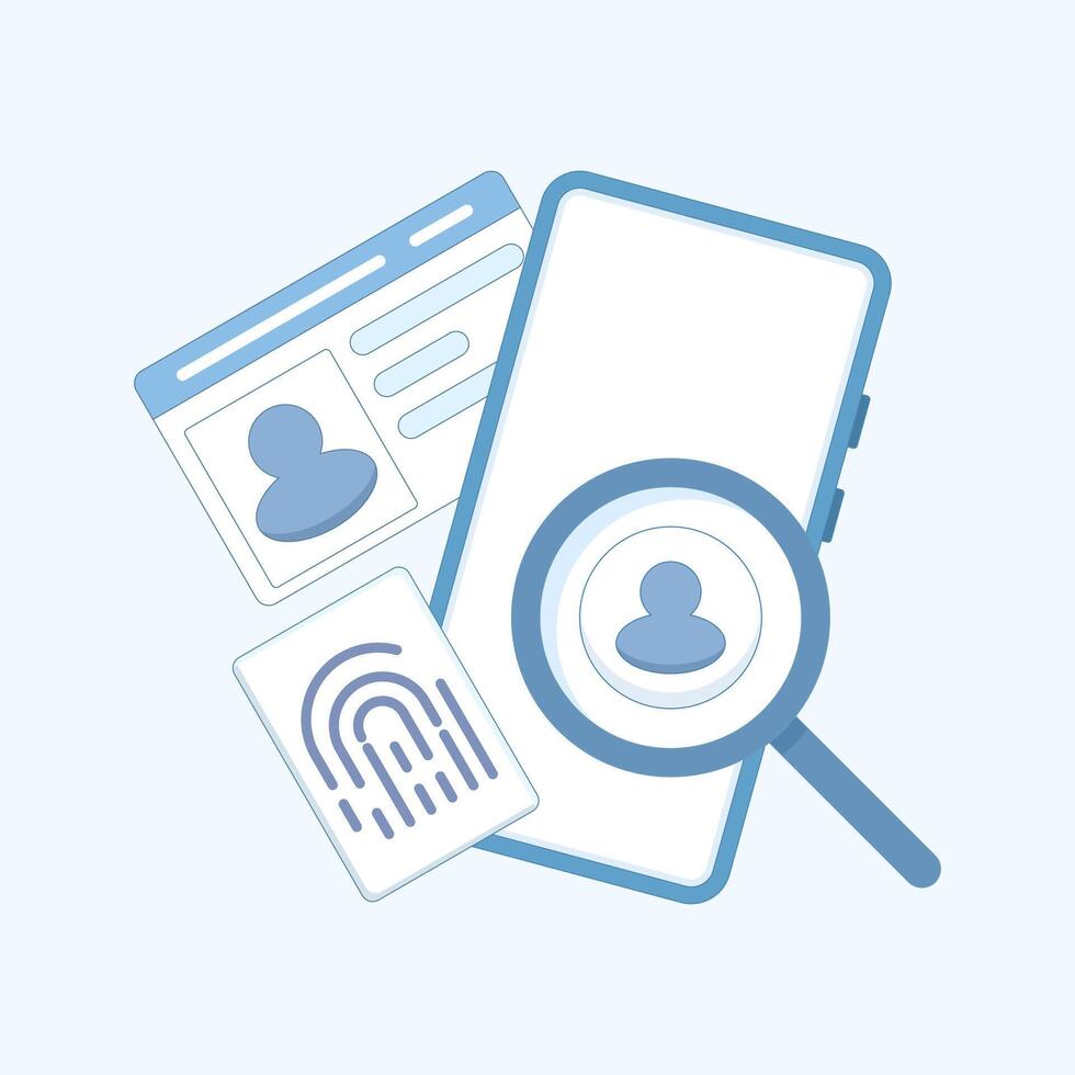 Secure digital authentication concept. Identity verification process with ID card, biometric data fingerprint, smartphone, and user photo, for fintech, cybersecurity, KYC. Flat design illustration. vector