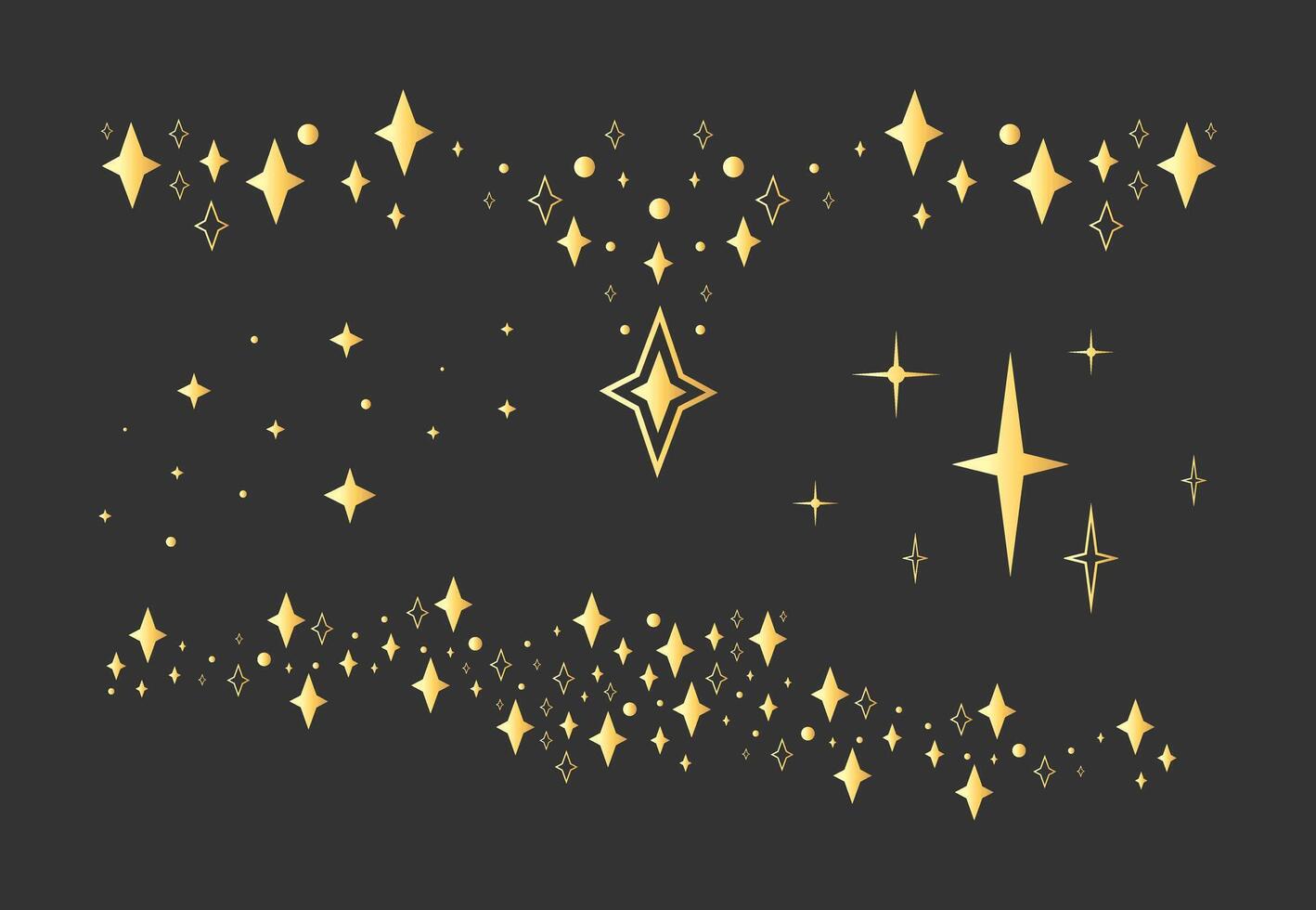Golden celestial star decorative borders dividers on dark background. Space design elements vector