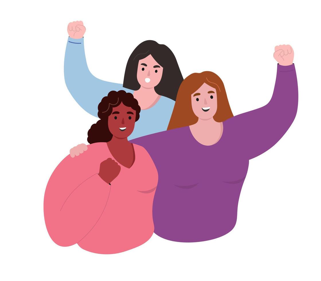 Women calling for equal rights. Strong different femal together, friendly. flat graphics. vector