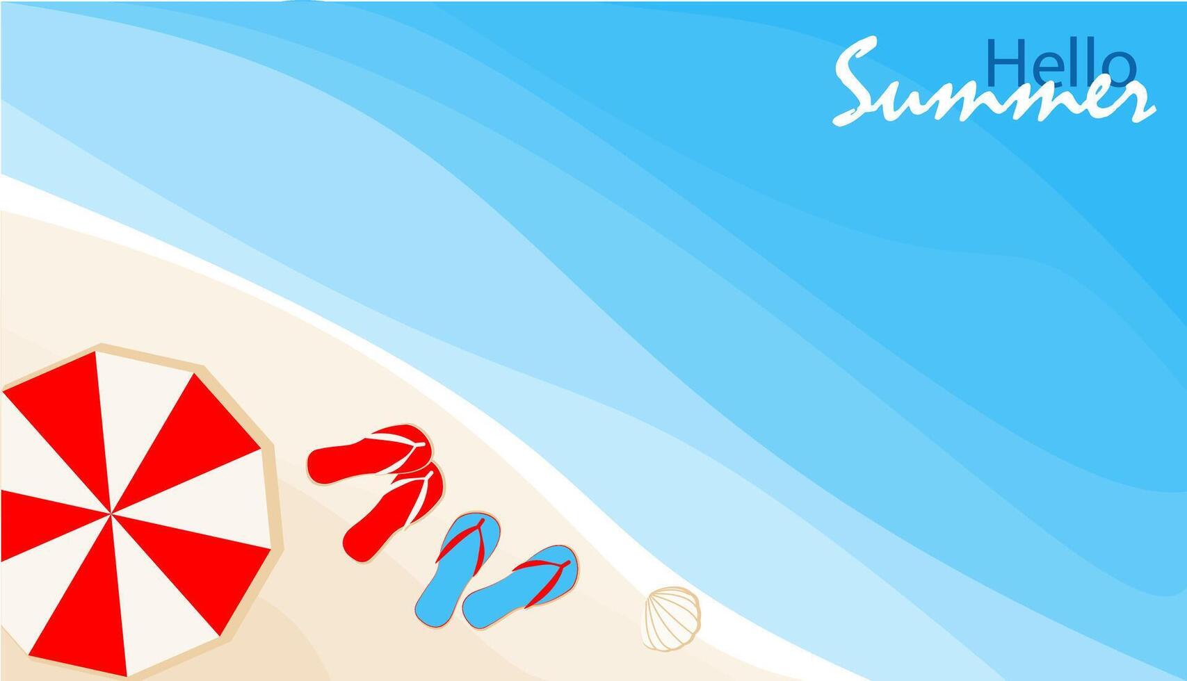 A vibrant summer day at the beach features a red and white striped umbrella next to colorful flip-flops on the soft sand. The clear blue water sparkles under the sun vector