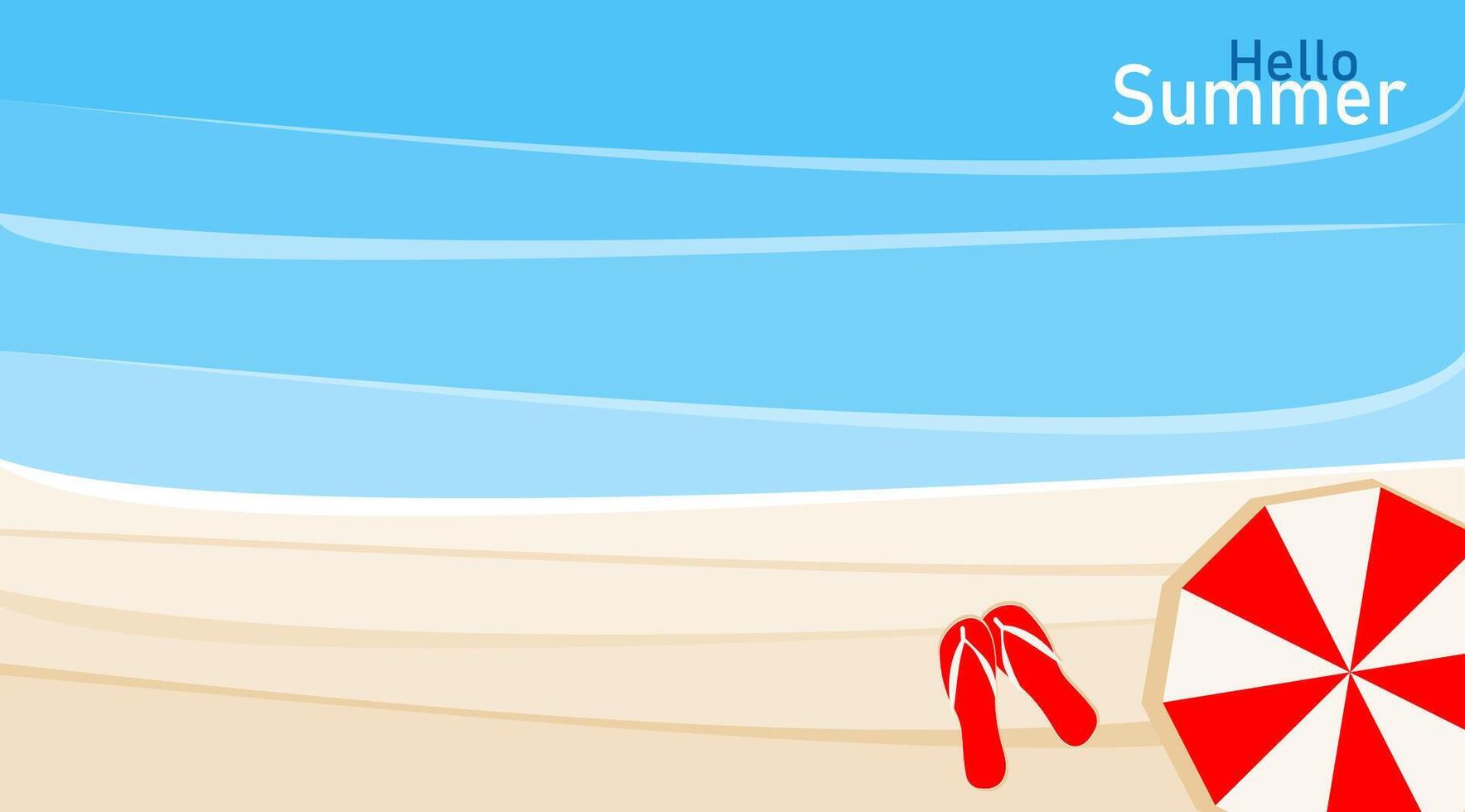 A vibrant summer beach setting showcases a pair of red flip flops and a striped umbrella resting on golden sand. The clear blue sky adds to the warm vacation atmosphere vector