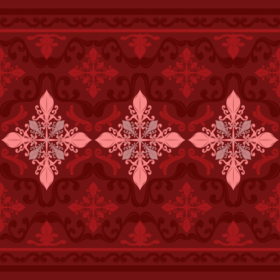 intricate symmetrical pattern with deep rich red color palette pink and gray for contrast, luxury border especially in the central floral motifs textiles high-end fashion elegant drapery formal wear vector
