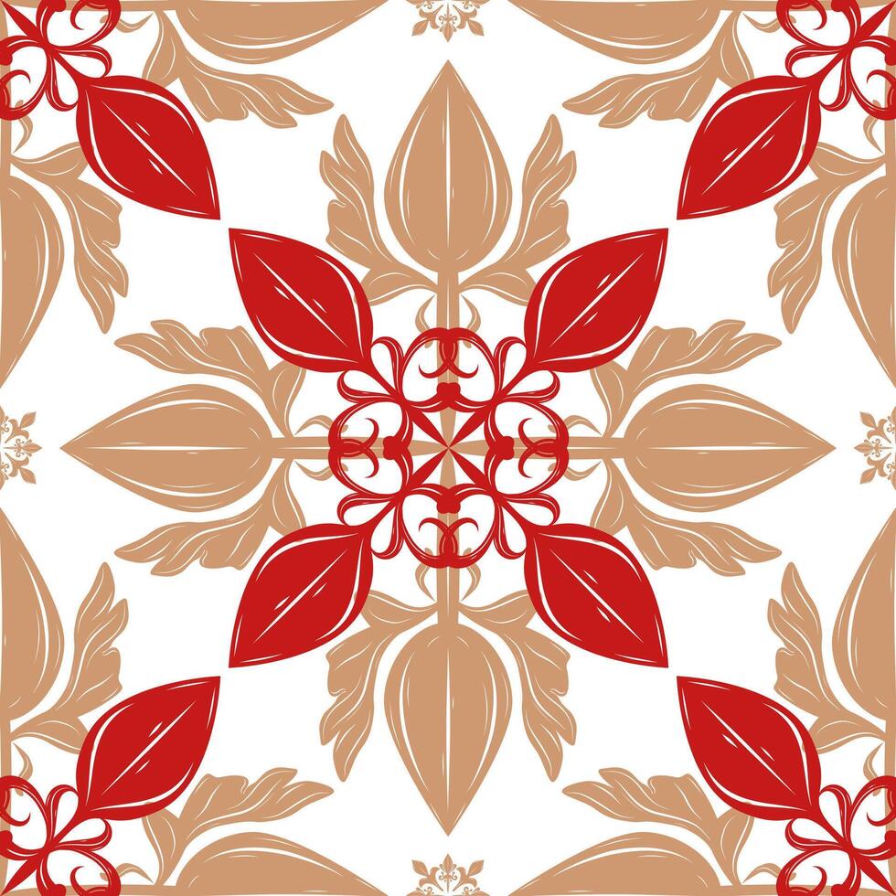 Detailed Medieval Scroll Ornate Element Seamless Pattern Repeat Luxury Flowers on White Background. Feels Glamorous Classy Grand Opulence Design with Gold Red on White Background for Wallpaper Textile vector