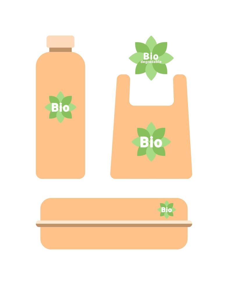Biodegradable packaging set. Eco-friendly. Box, bottle, packaging, container for delivery, takeaway food, isolated on white background vector