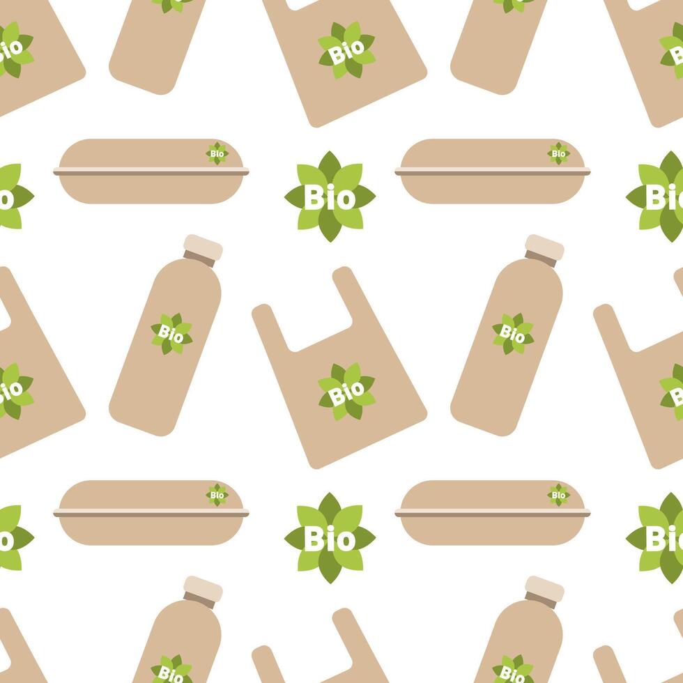 Pattern with biodegradable packaging, box bottle package shopping bag, sustainable biodegradable containers for delivery takeaway food. vector