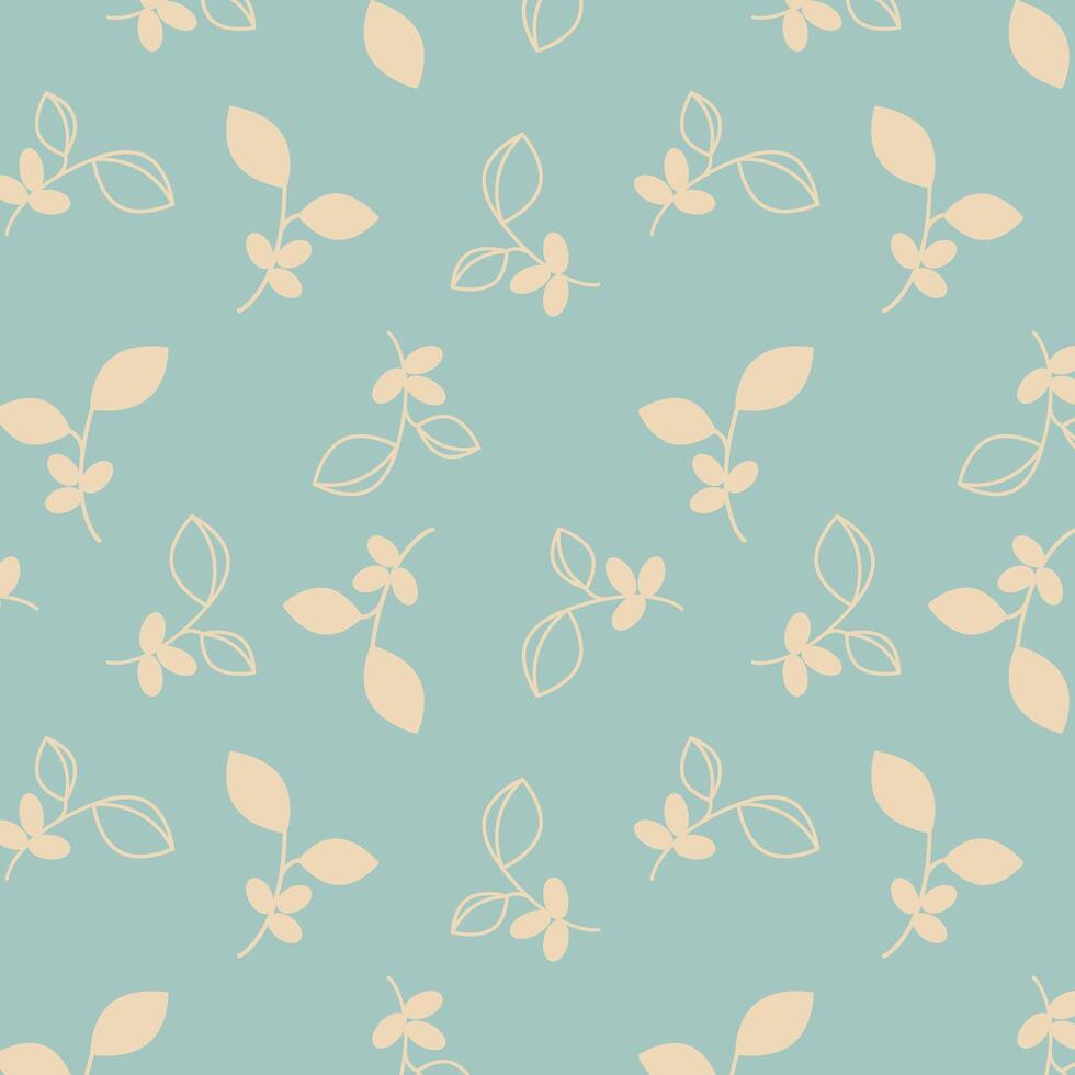 Blue pattern with coffee beans and branches with coffee fruits. Pastel colors. Textile. vector