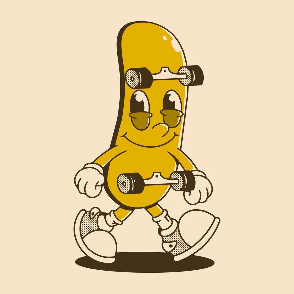 Walking skateboard character in happy face with retro colors vector