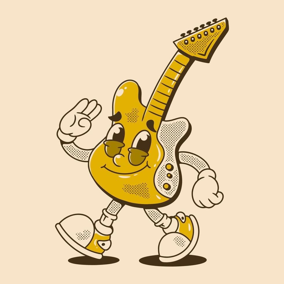 Walking electric guitar character in happy face with retro colors vector
