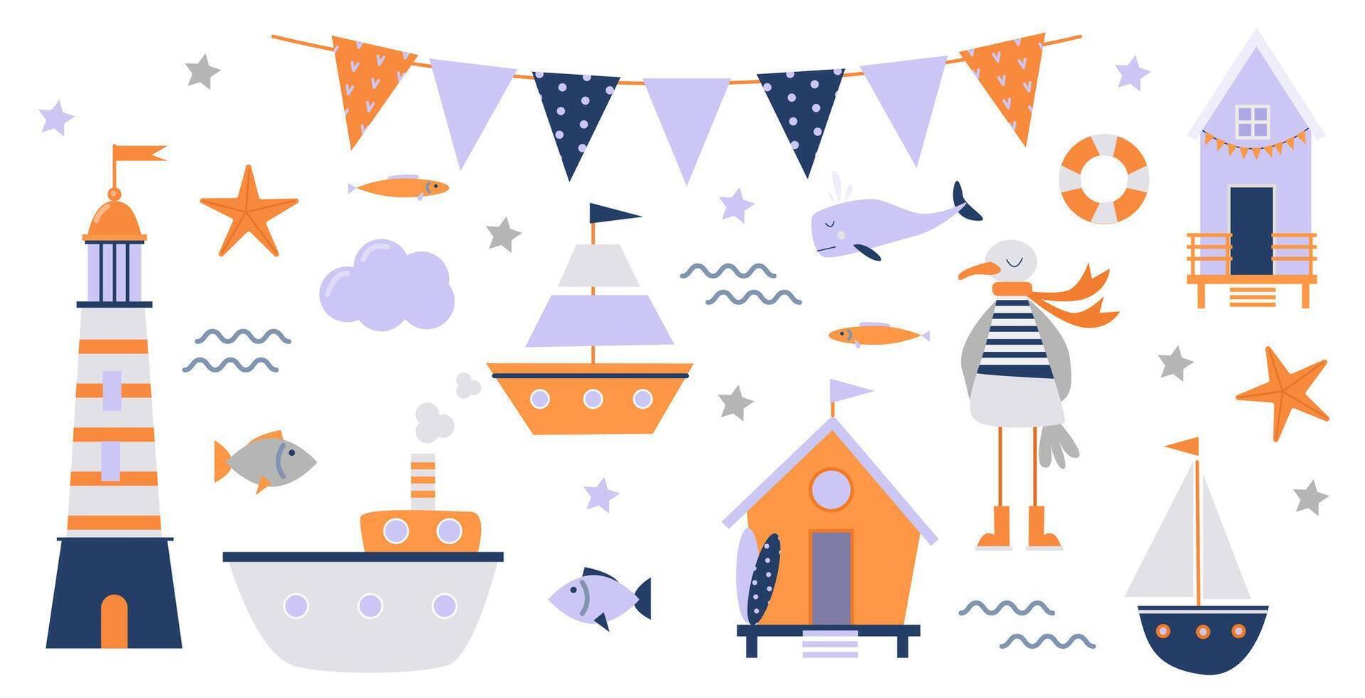 a cute marine children's set with bright elements - ships, a lighthouse, fish, houses and a seagull vector
