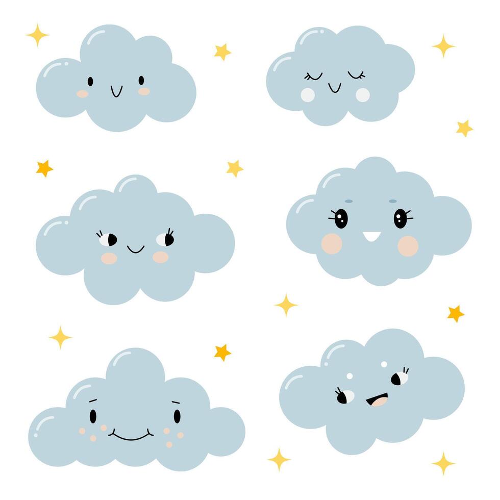 a set of cute clouds with stars for design and decoration vector