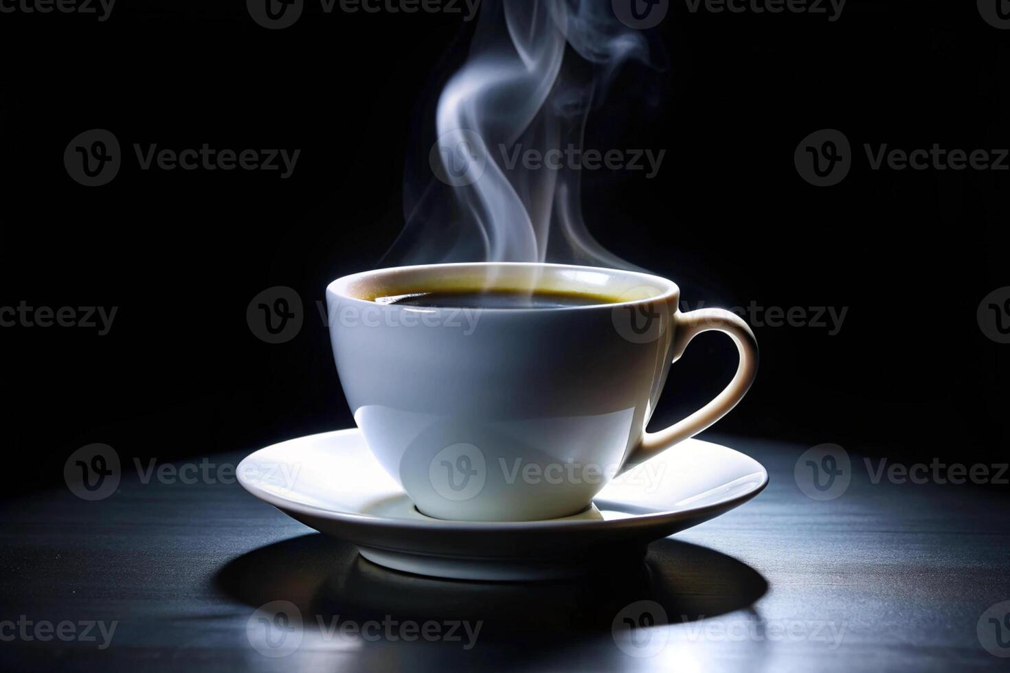 White cup on black table. White cup with coffee in the dark.. photo