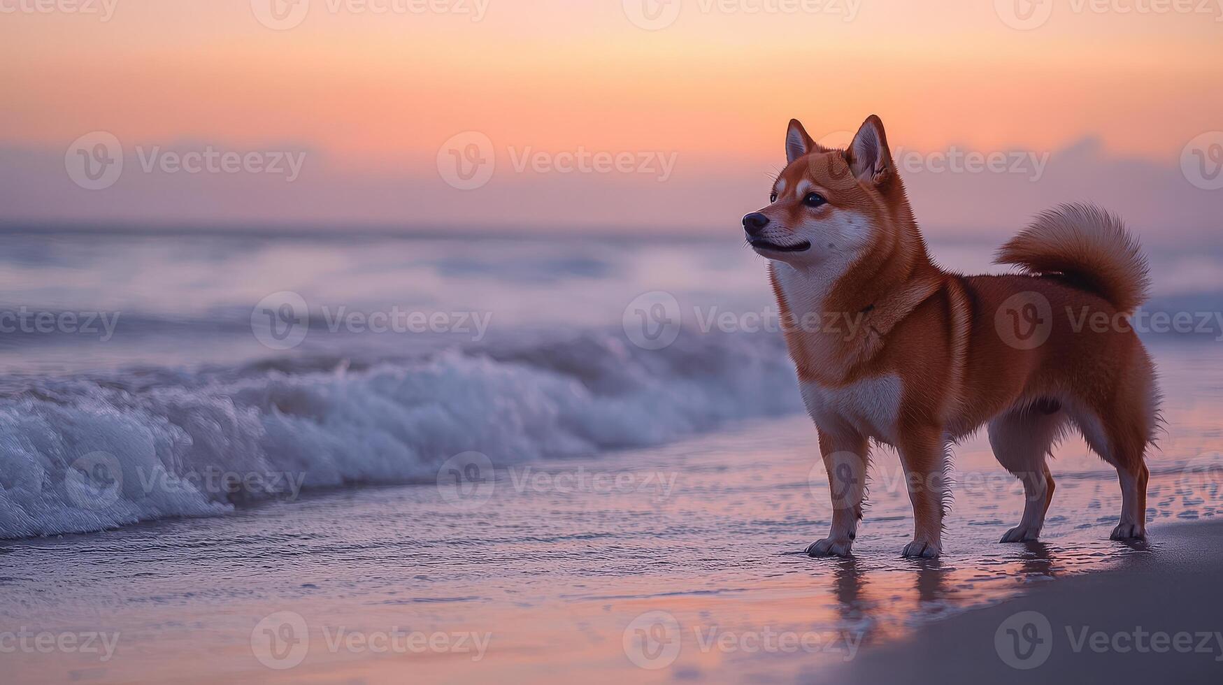 Reddish Brown Shiba Inu Dog on Sandy Beach at Sunset photo