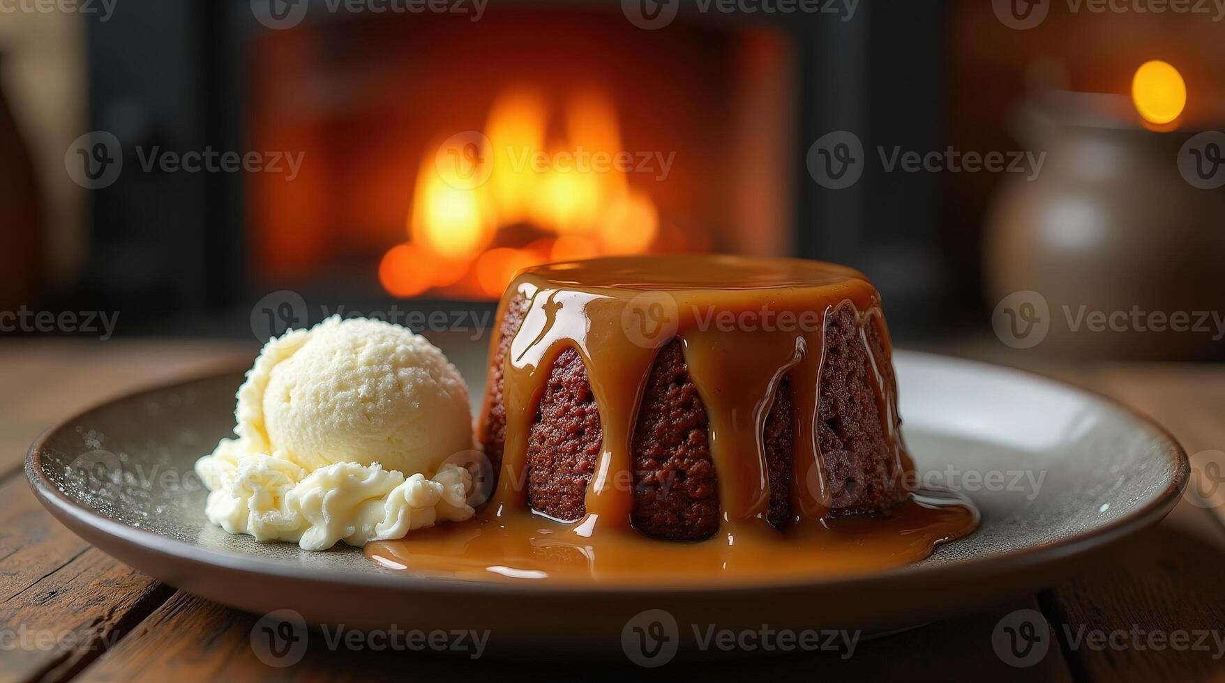 Experience the warm delight of sticky toffee pudding served with creamy vanilla ice cream photo