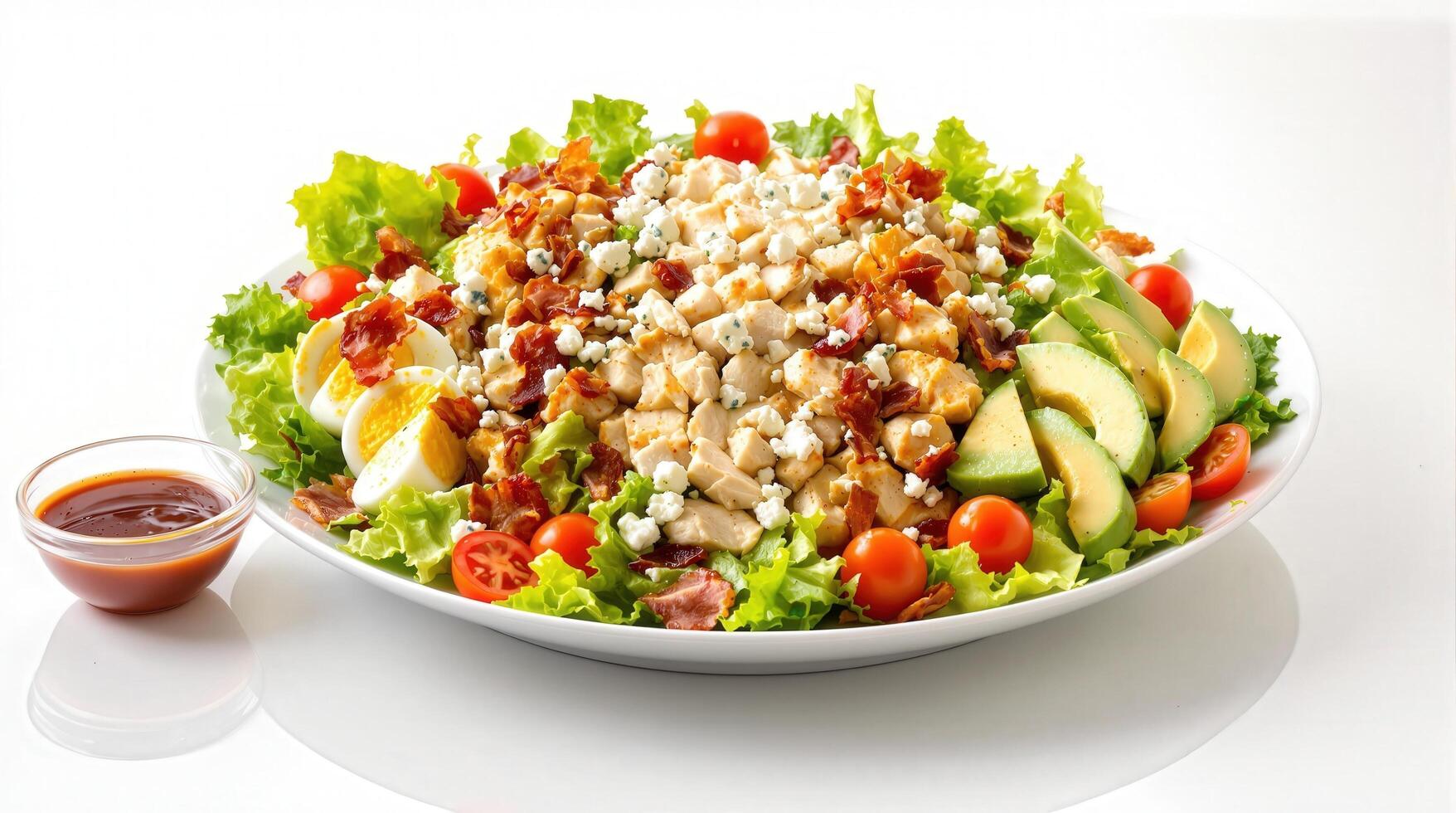 Cobb salad with chicken, bacon, avocado, and greens served on a platter with dressing on the side photo