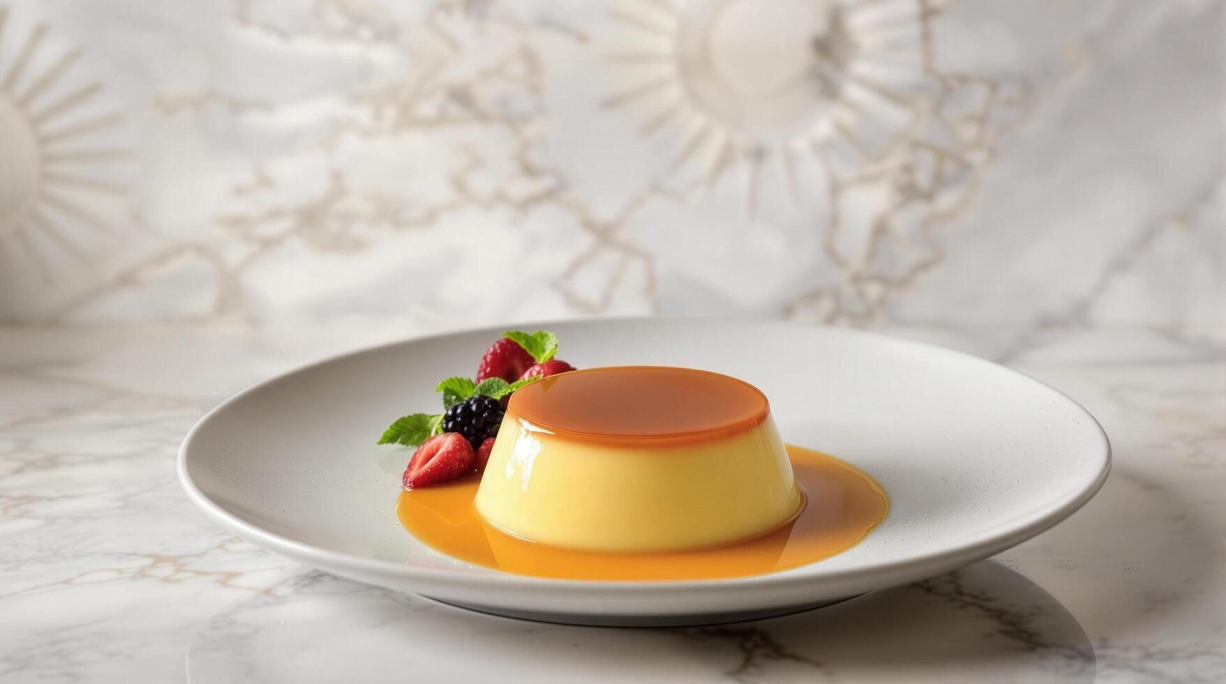 Delicious Argentine dulce de leche flan served with fresh berries on a marble background photo