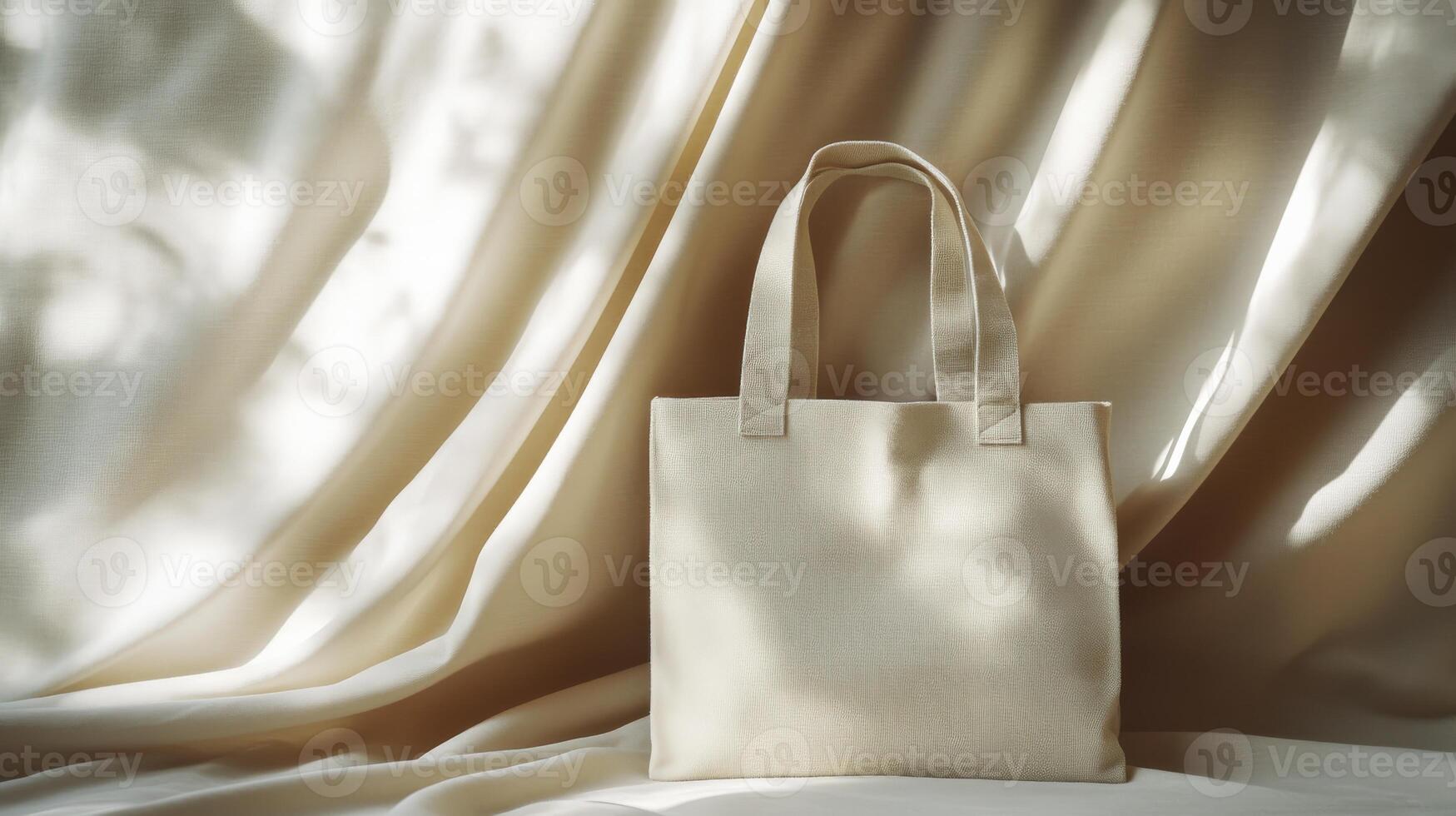 Beige Tote Bag on Creamy Fabric Drape with Soft Lighting photo
