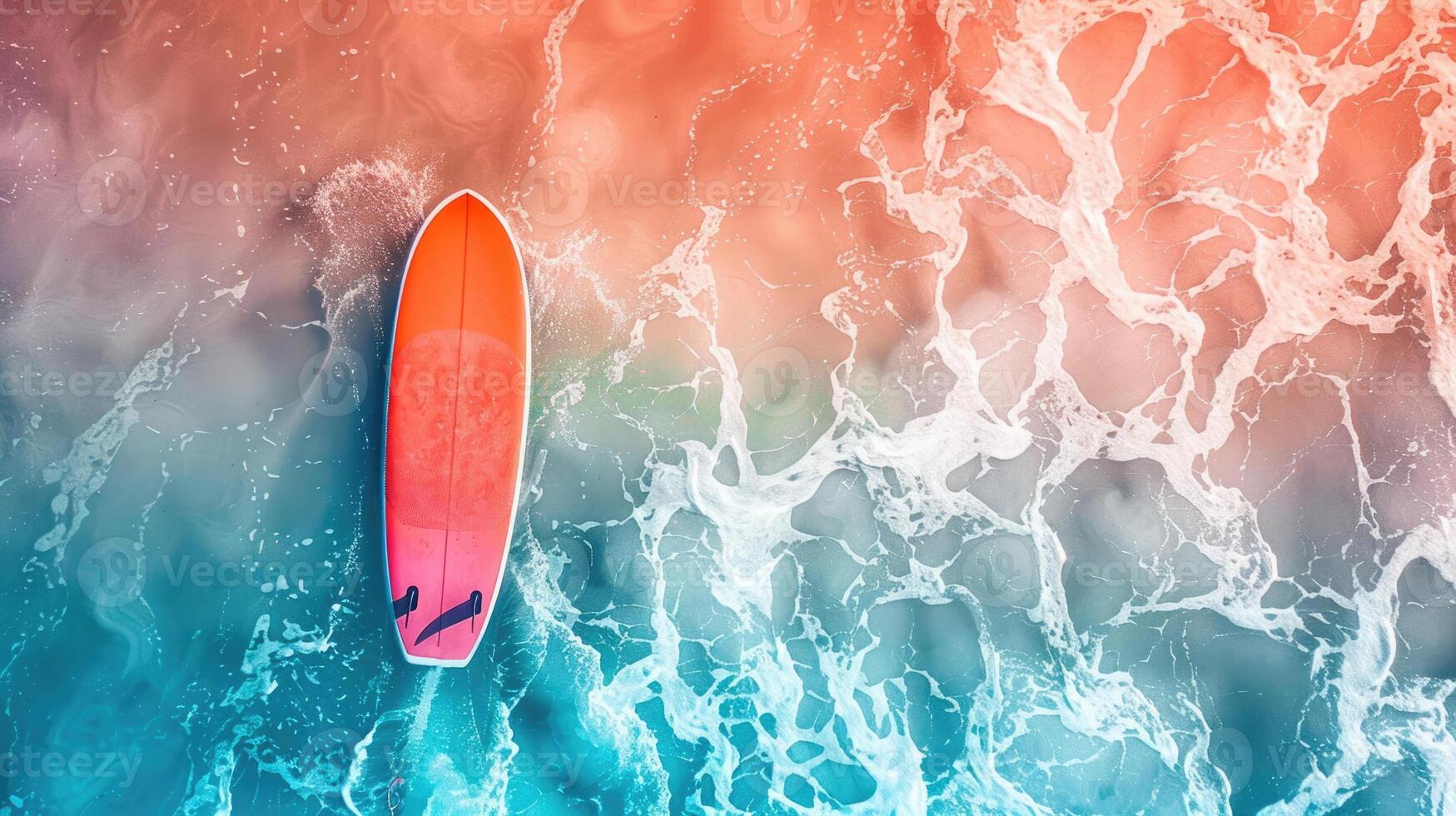 surfing, bright orange surfboard, foam sea wave, top view, horizontal banner, pink blue summer beach background, copy space, free space for text photo