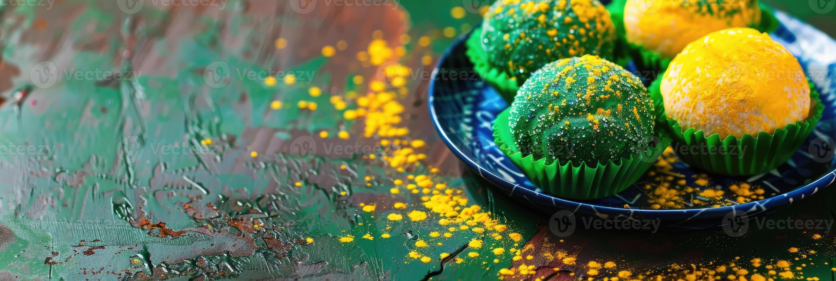 Brazil independence day, yellow green cupcakes decorated with powdered sugar, green background, horizontal banner, copy space, free space for text photo