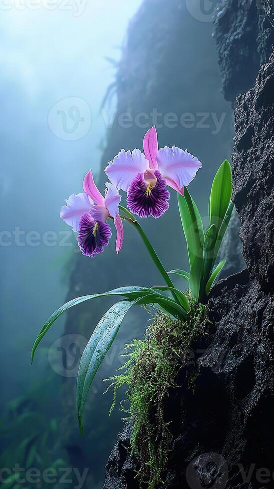 Purple Cattleya Flowers on the Side of a Cliff photo