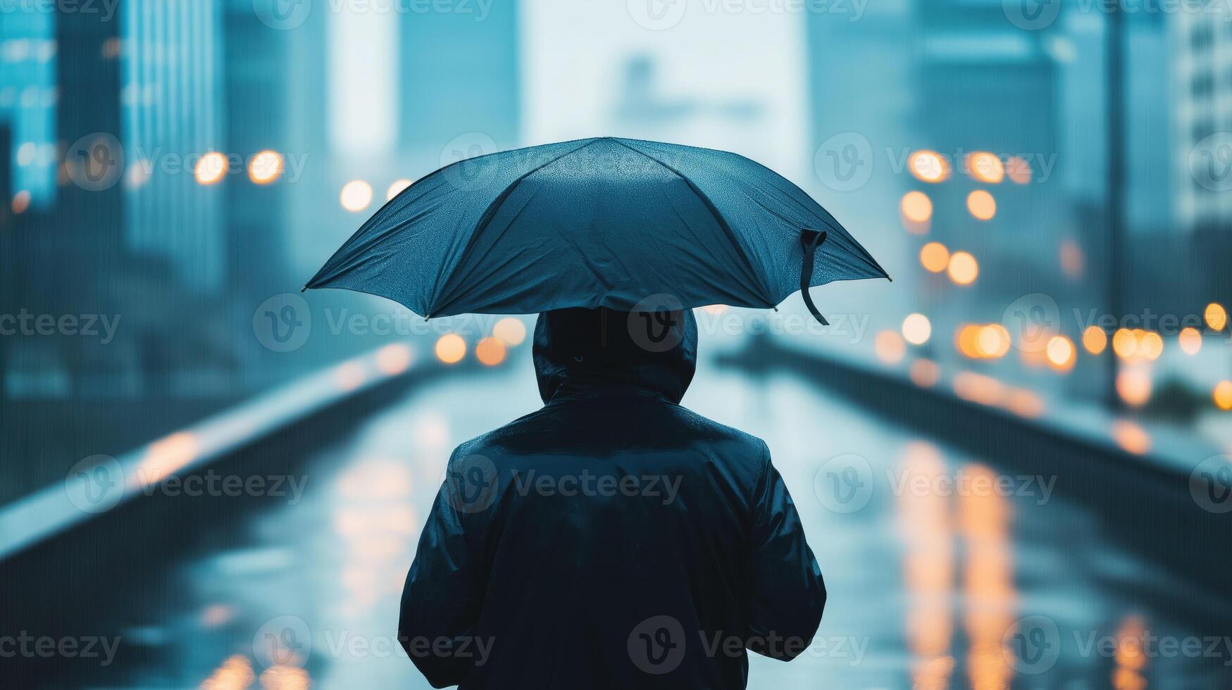 A pedestrian in a raincoat bracing against powerful rain photo