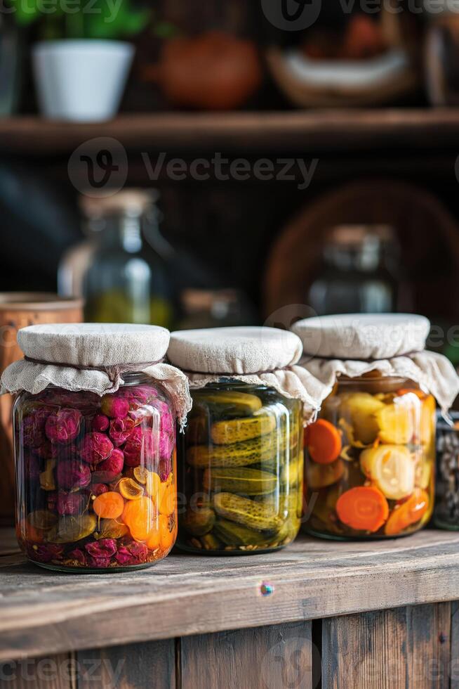 A cozy kitchen scene featuring glass jars photo
