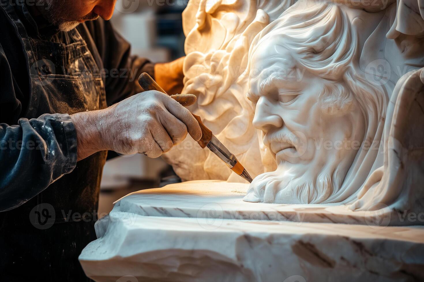 An artist meticulously carving an intricate sculpture from marble, revealing detailed facial expressions photo
