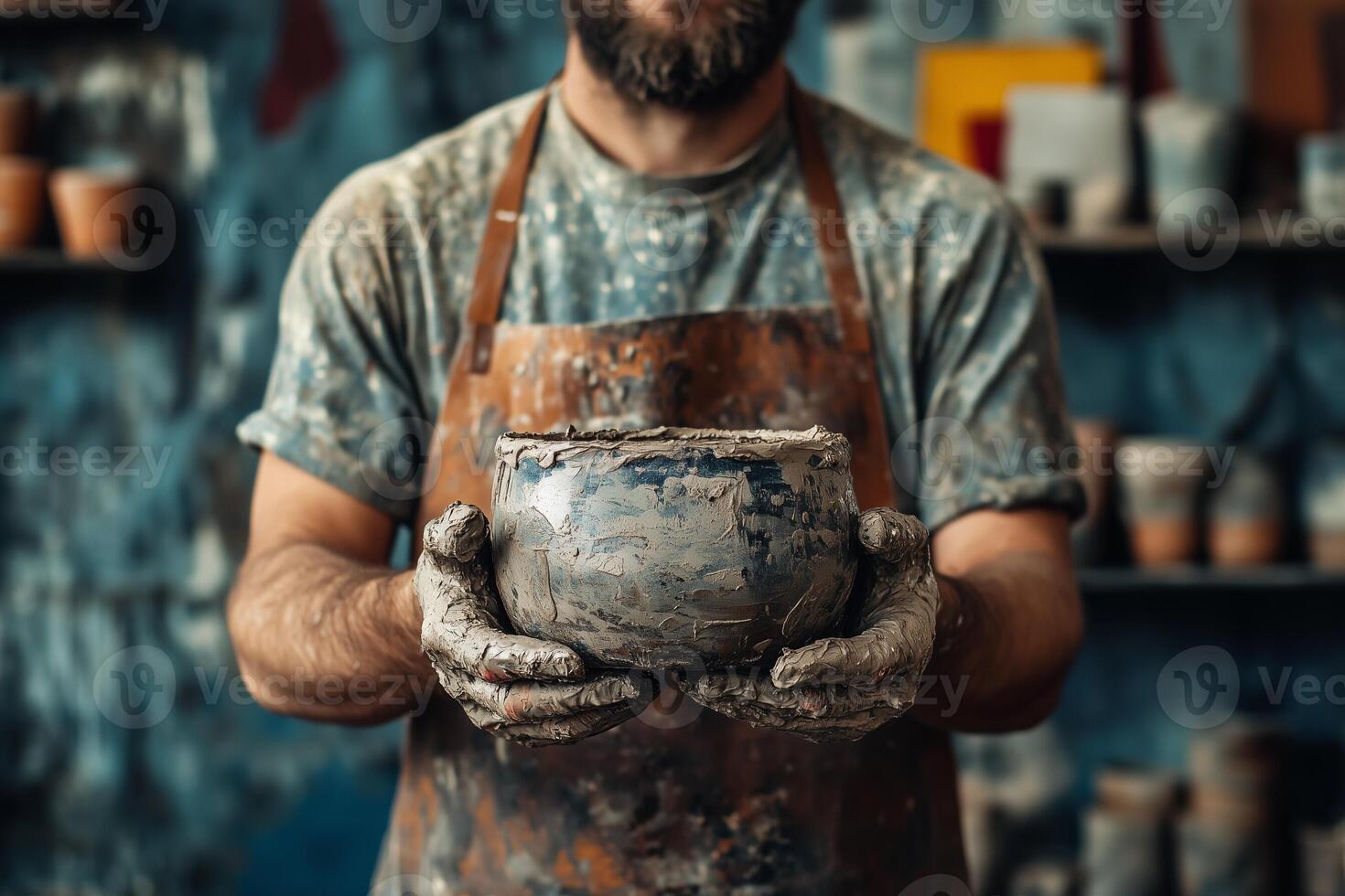 A potter holding a freshly crafted ceramic bowl, covered in clay and wearing a rustic apron photo