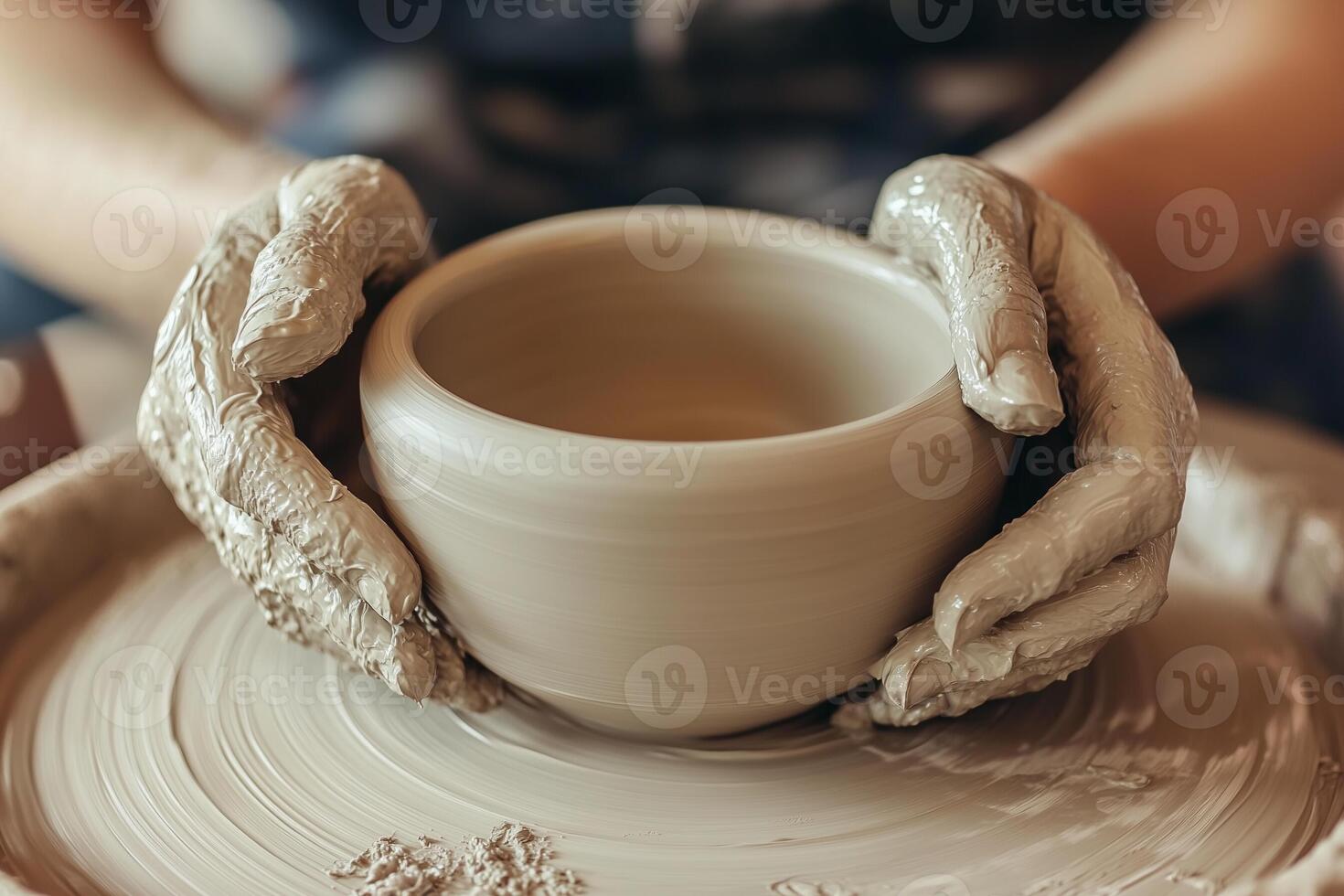 A potter shaping a clay vessel on a spinning pottery wheel photo