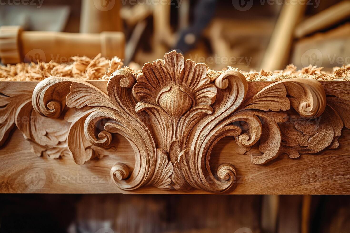 Close-up of intricate wood carvings with floral and ornamental patterns, crafted with precision photo