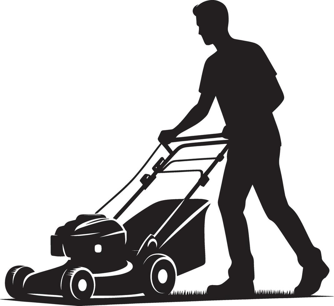 Silhouette of a man mowing the lawn with a lawn mower vector