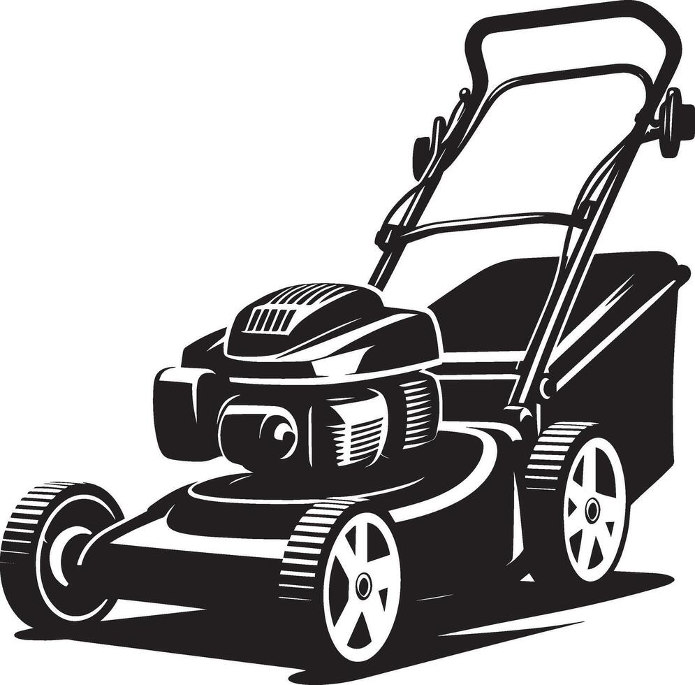A lawn mower is shown in black and white vector