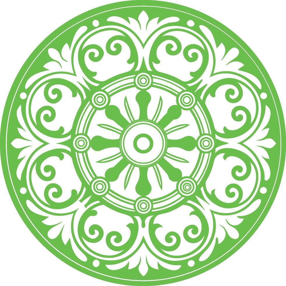 A green circular design with swirls and scrolls vector
