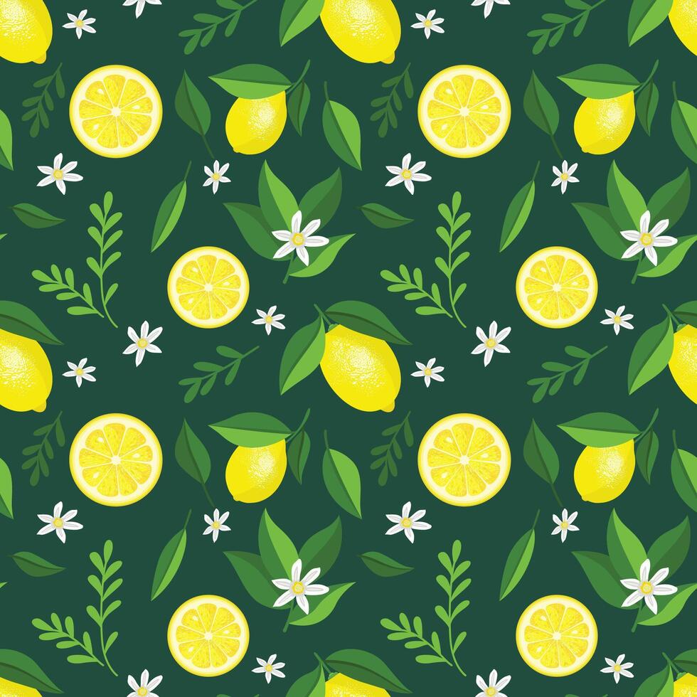 Seamless background pattern of fresh yellow lemons with flowers and leaves vector