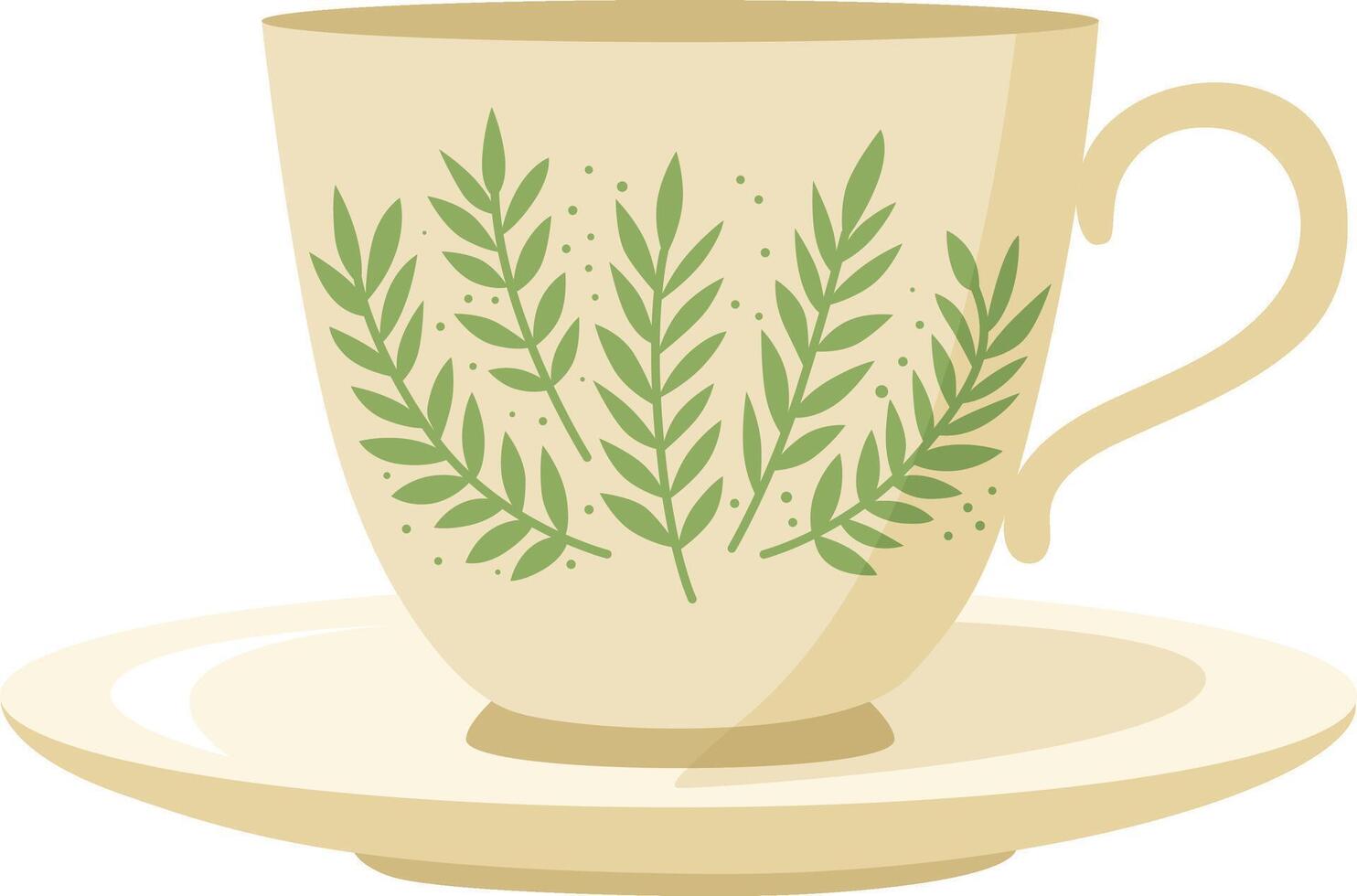 Clay tea cup decorated with green leaves vector