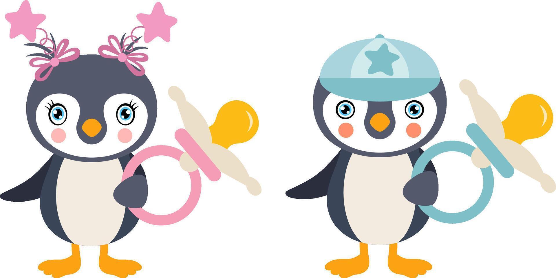 Pink and blue baby penguin holding a pacifier vector