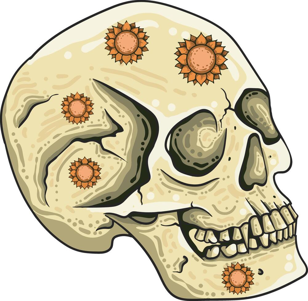 Skull Illustration with Sunflower vector