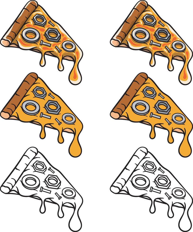 Pizza with stainless ring topping - three set templates - transition from outline, coloring and shading - fantasy food theme illustration - for your unique elements design - symbol or logo vector