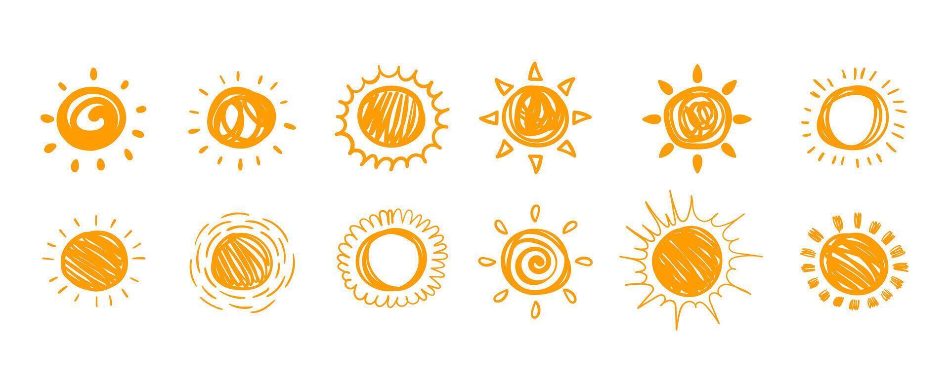 Collection of Sun in Hand Drawn style, Isolated on White Background. Cute nature summer elements. Sun, heat icons with rays vector