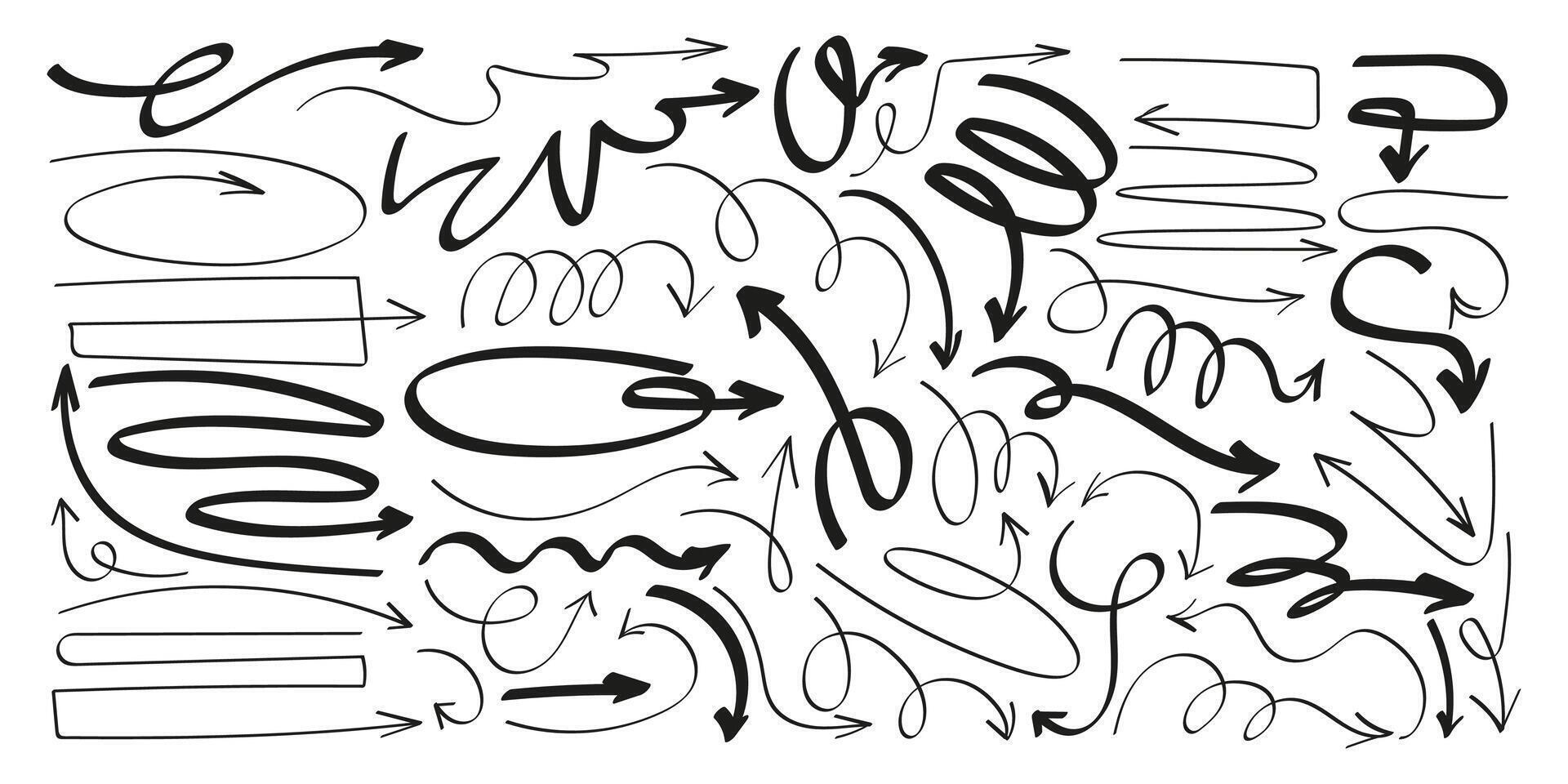 Thin and Bulky Hand drawn Arrows with Squiggle Curvy Lines and Loops. Set of doodle arrow icons. Collection of sketchy hand free curved lines and pointers vector