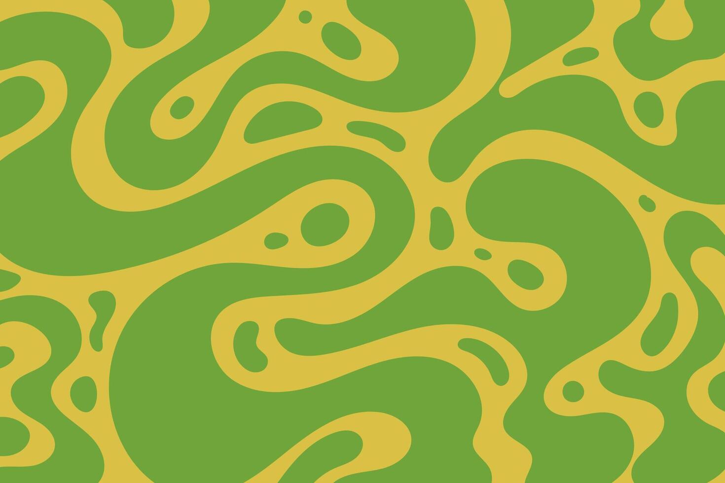Green Abstract Wavy Lines with Drops Isolated on Yellow Background. Decorative groovy fluid lines. Hand drawn geometric bulky lines. Hippie banner, perfect for posters, cards, web, vector