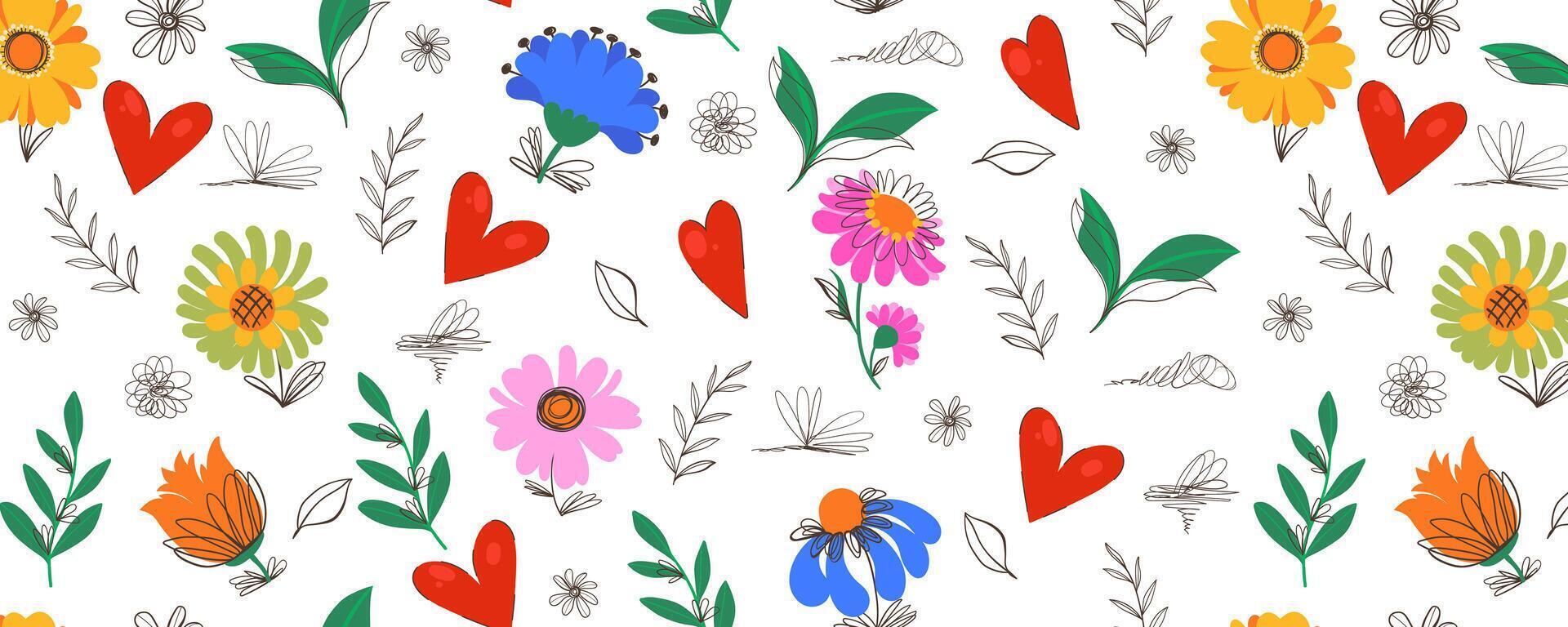 Cute Floral Seamless Pattern in Doodle Style. Colorful flowers with cute lines isolated on white background. Nature design with plants perfect for invitations, cards, posters, holidays vector