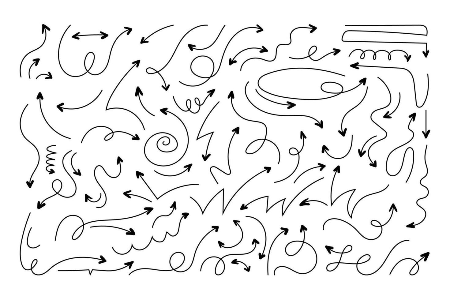 Thin Hand drawn Arrows with Squiggle Curvy Lines and Loops. Set of doodle arrow icons. Collection of sketchy hand free curved lines and pointers vector