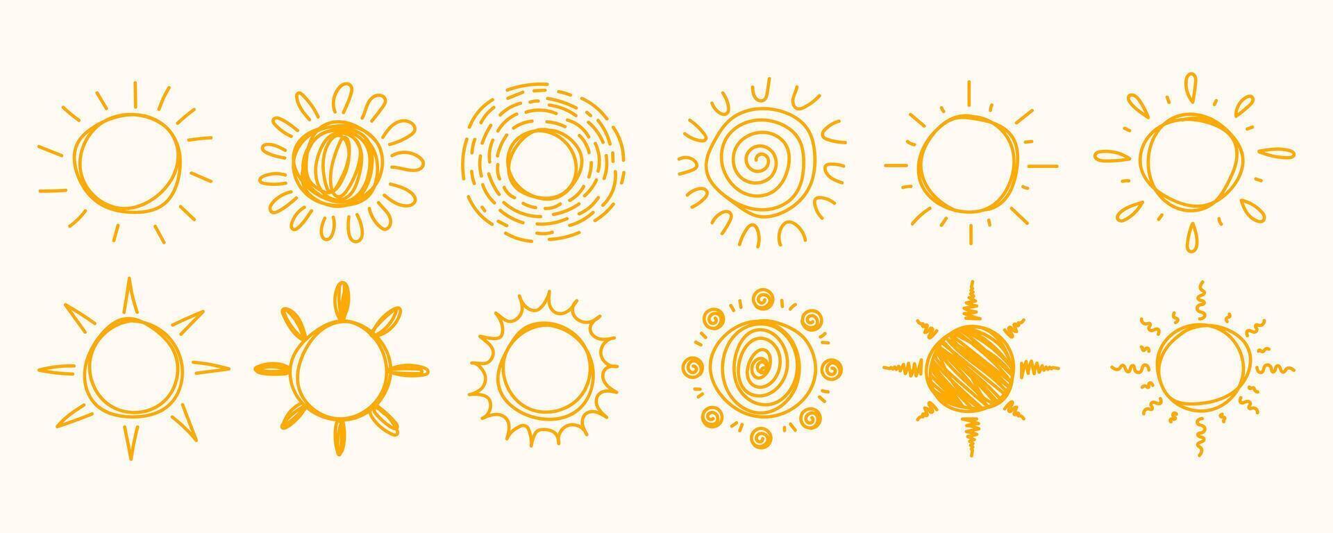 Doodle Sun Collection Hand Drawn with Pencil, Isolated on White Background. Cute nature summer elements. Sun, heat icons with rays vector