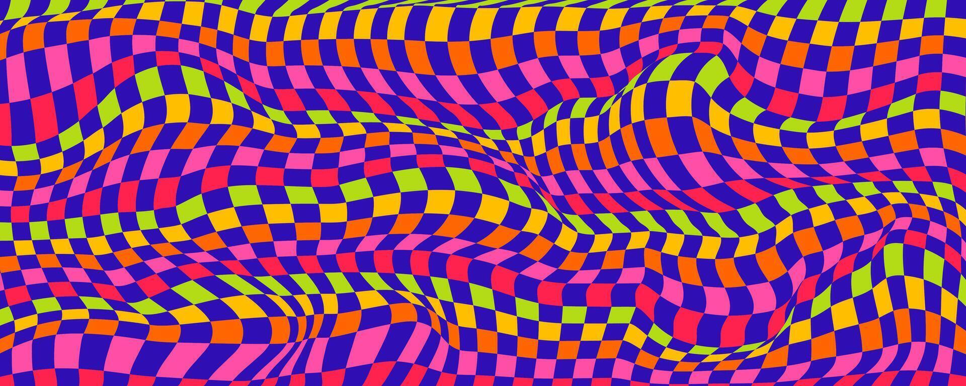 Abstract Trippy Checkerboard Background with Retro Colors. Psychedelic design with distortion grid effect. Twisted wavy and groovy geometrical chessboard. Distorted funky 70s hippie art. vector