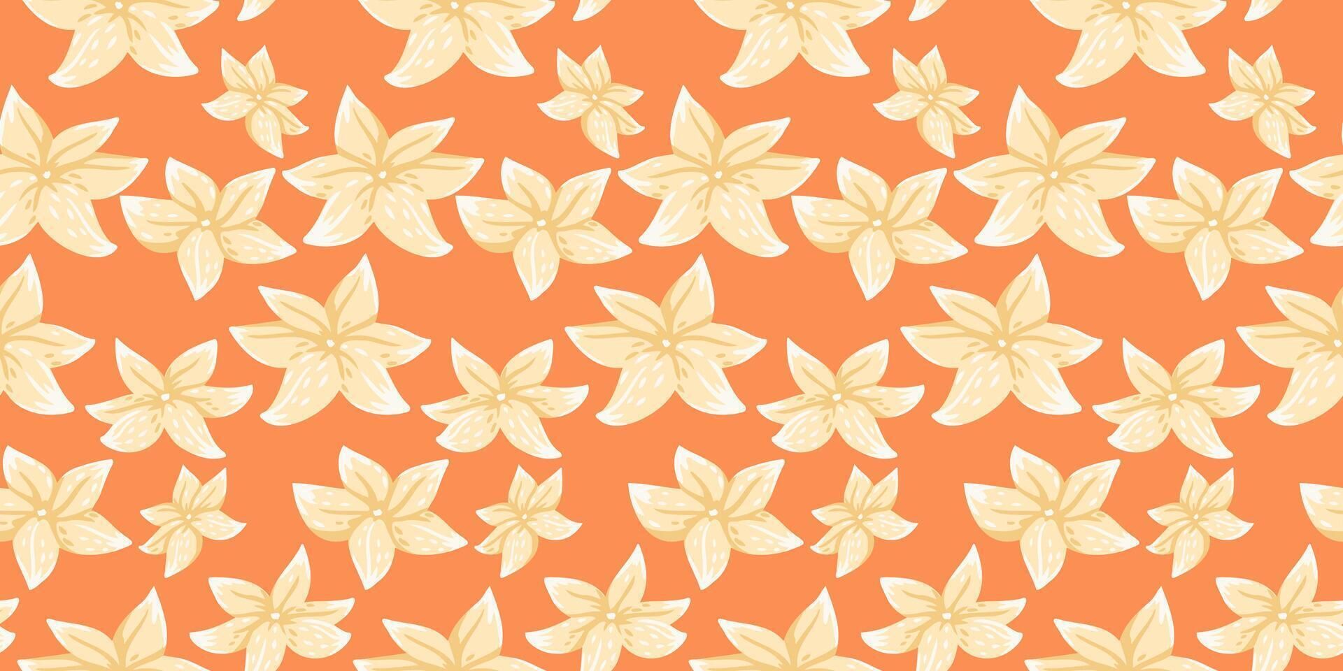 Seamless pattern with bright yellow tropical flowers on a warm orange background. The bold, vibrant floral design is ideal for fabrics, wallpapers, wrapping paper, and summer themed projects. vector