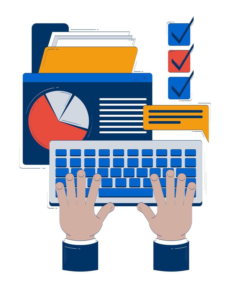 Business task management doodle illustration concept. Project manager hands typing on keyboard, charts check boxes productivity cartoon 2D composition isolated on white. Hand drawn metaphor vector