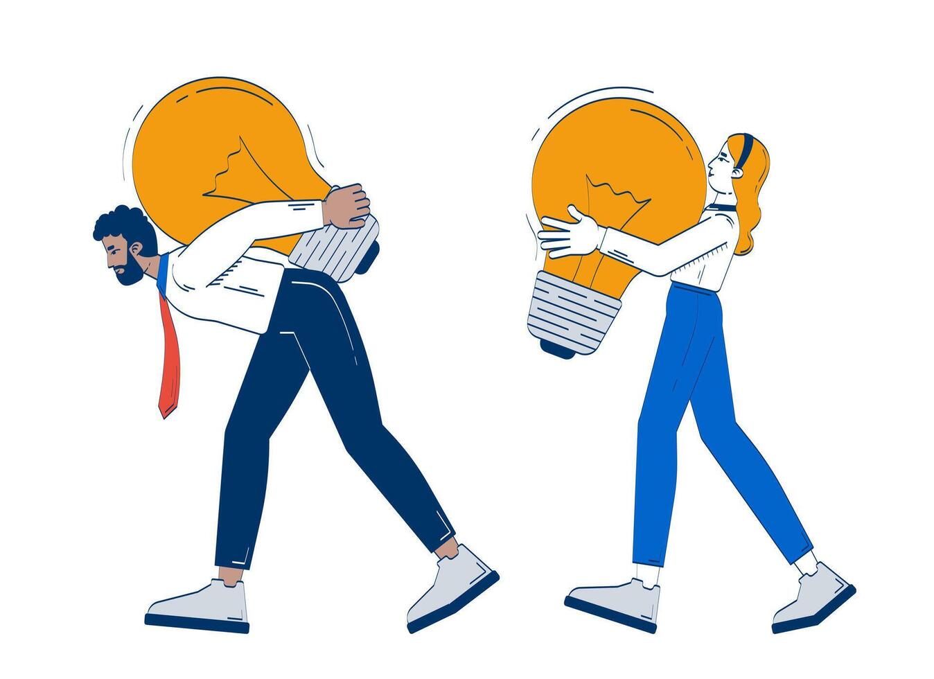 Creative team carrying giant light bulbs symbolizing big ideas doodle illustration concept. Colleagues solution business lightbulbs cartoon 2D characters isolated on white. Hand drawn metaphor vector