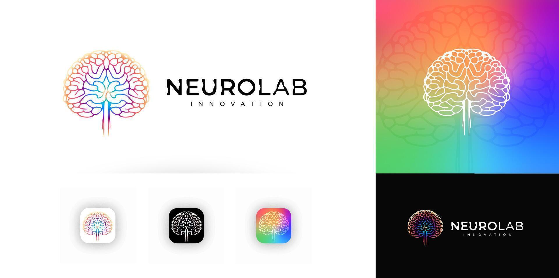 Gradient brain tree logo with neural pathways and spinal cord. Symbol of intelligence, science, innovation, technology. Abstract digital design for branding, apps, UI. illustration vector