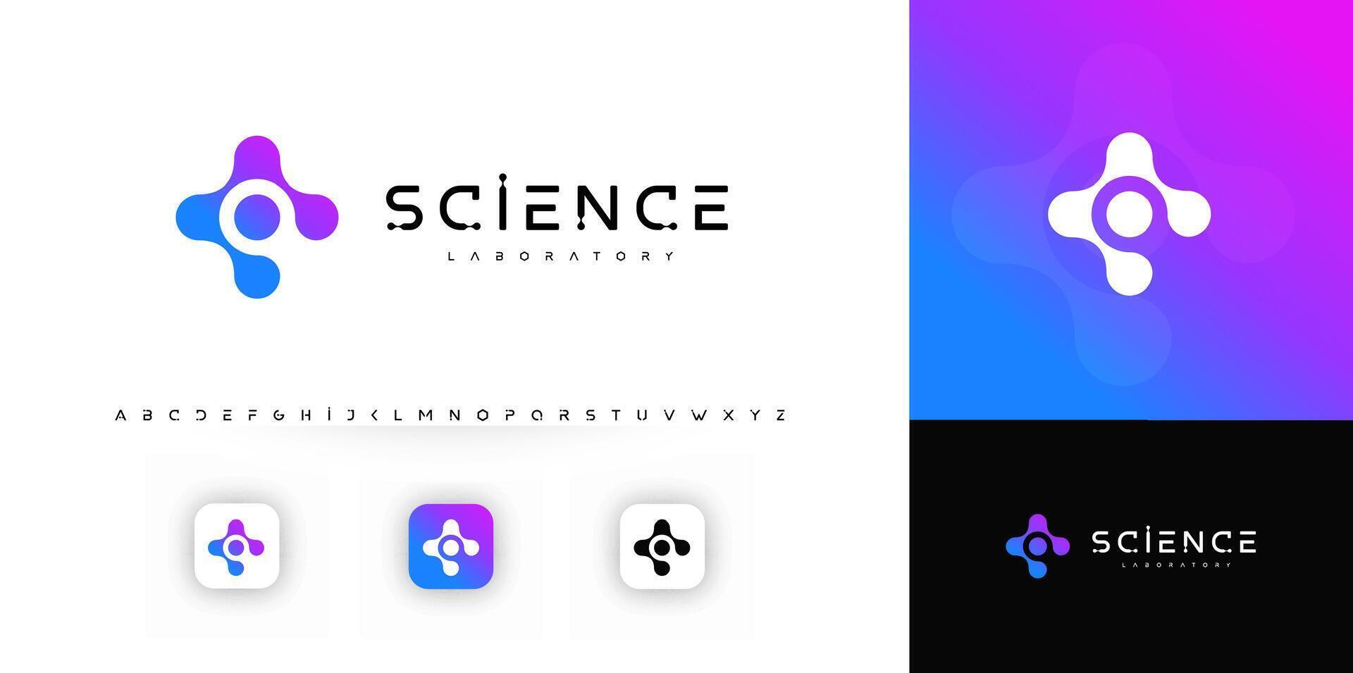 Science logo with abstract molecule shape, clean geometric design, evokes innovation, research, technology. High-tech symbol for biotech, apps, science brands. Modern logo. illustration. vector