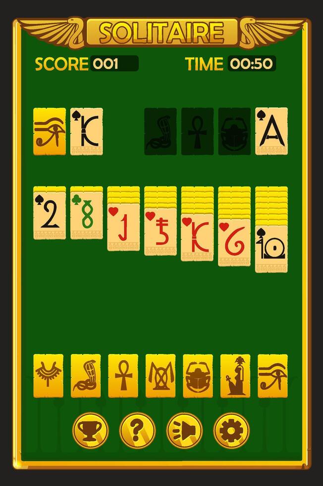 Solitaire game UI in Egyptian style. Background and buttons for game assets. Egyptian Game development vector